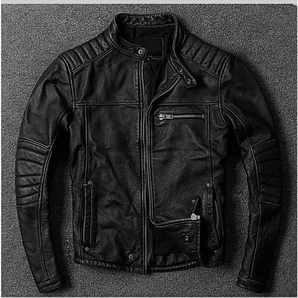 Other - Men's Black Genuine Sheep Leather Cafe Racer Biker Distressed Jacket